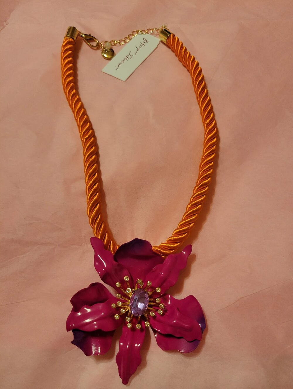 Betsy Johnson Vibrant Pink Floral Necklace on Orange Cord